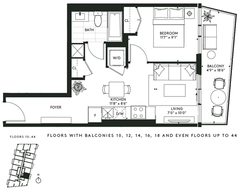 Floor plan for 1 bed, 1 bath, 534 sqft